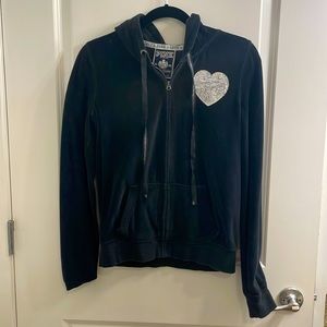 Victoria’s Secret velvet zip up sweater. Heart front and “I🩵parties” back